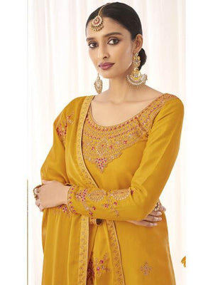 Myra Yellow Georgette Embroidered Palazzo Suit