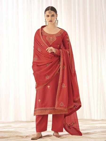 Myra Orange Georgette Embroidered Palazzo Suit