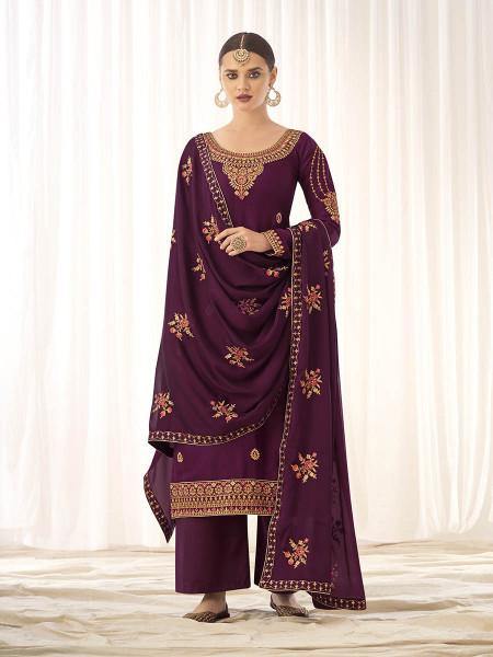 Myra Wine Georgette Embroidered Palazzo Suit