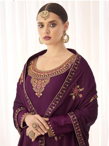 Myra Wine Georgette Embroidered Palazzo Suit