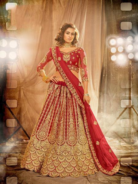 Myra Red Heavy Embroidered Net Lehenga - Distacart