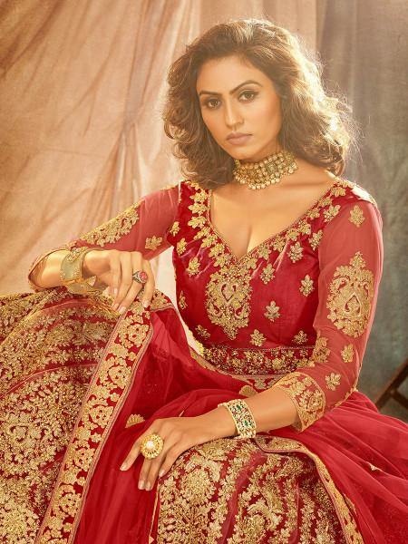 Myra Red Heavy Embroidered Net Lehenga