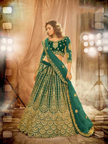 Myra Rama Green Heavy Embroidered Net Lehenga - Distacart