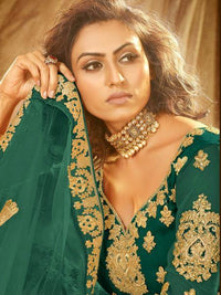 Thumbnail for Myra Rama Green Heavy Embroidered Net Lehenga