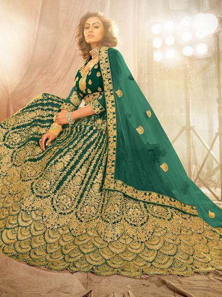 Myra Rama Green Heavy Embroidered Net Lehenga