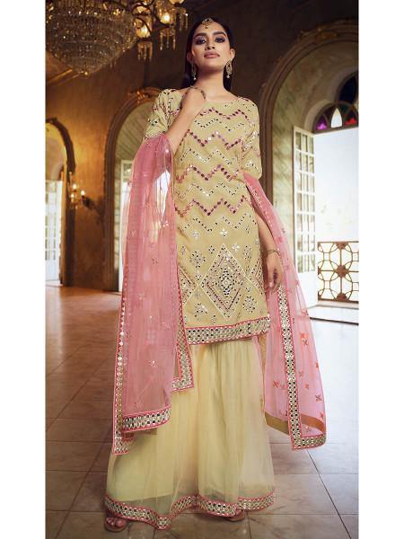 Myra Beige Heavy Embroidered Gharara Sui - Distacart