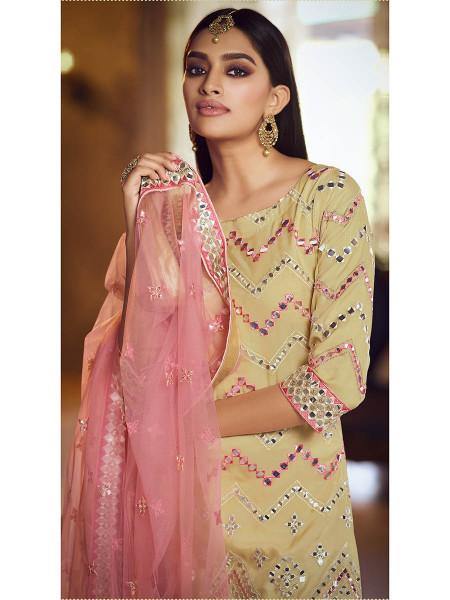 Myra Beige Heavy Embroidered Gharara Sui - Distacart