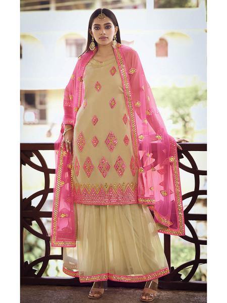 Myra Beige Heavy Embroidered Gharara Suit - Distacart