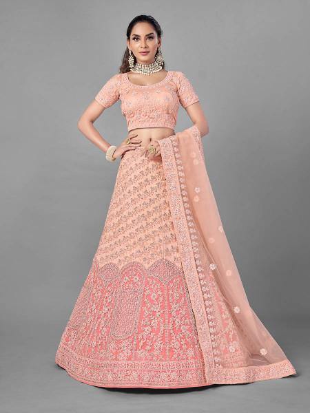 Myra Peach Heavy Embroidered Soft Net bridal Lehenga - Distacart
