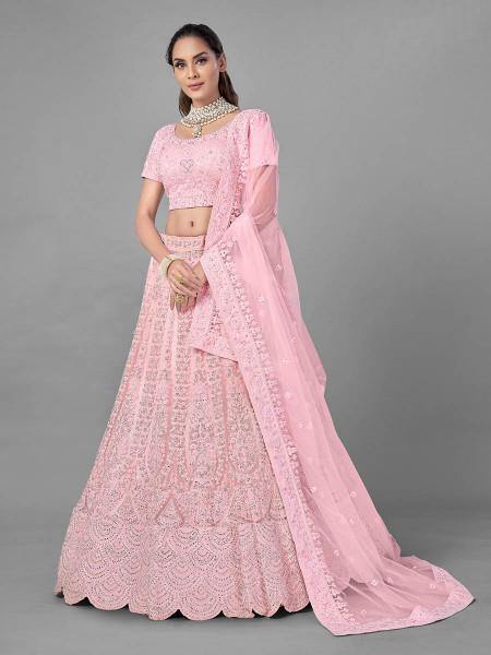Myra Pink Heavy Embroidered Soft Net bridal Lehenga - Distacart
