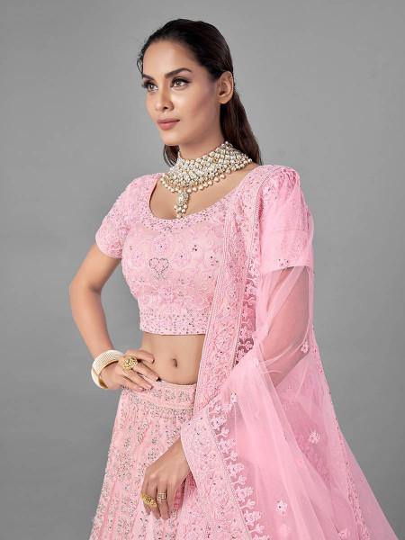 Myra Pink Heavy Embroidered Soft Net bridal Lehenga - Distacart