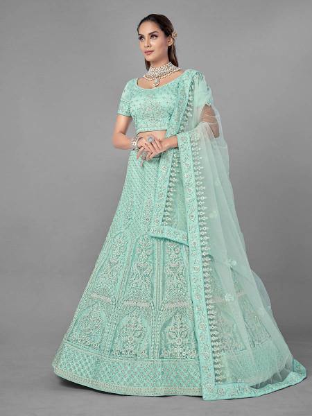 Myra Sea Green Heavy Embroidered Soft Net bridal Lehenga - Distacart