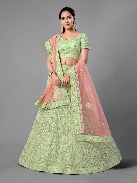 Myra Pista Heavy Embroidered Soft Net bridal Lehenga - Distacart