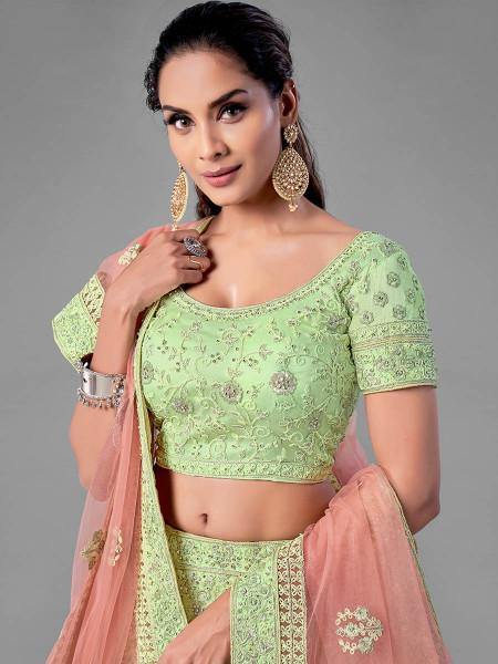 Myra Beautiful Pista Heavy Embroidered Soft Net Traditional Bridal Lehenga online 