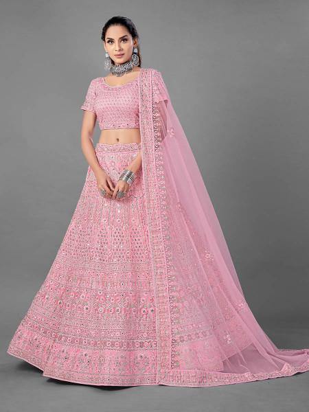 Myra Fashion Pink Heavy Embroidered Soft Net Bridal Lehenga