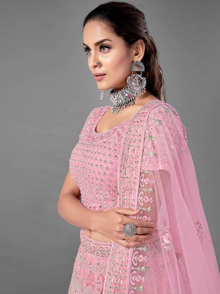 Myra Pink Heavy Embroidered Soft Net bridal Lehenga - Distacart
