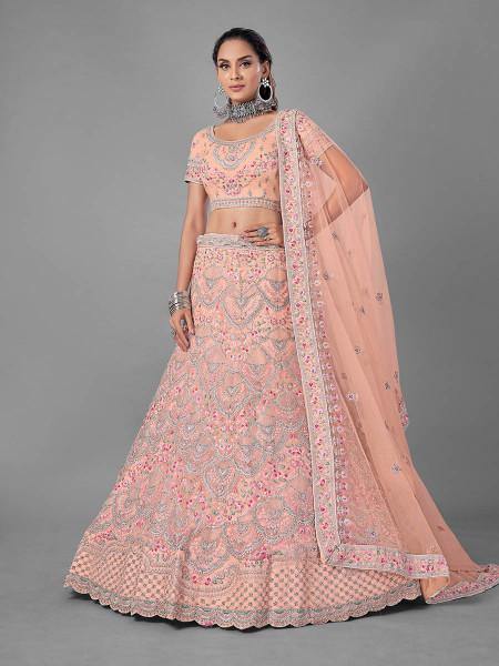 Myra Peach Heavy Embroidered Soft Net Bridal Lehenga For Women