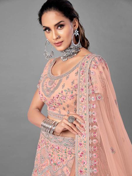 Myra Peach Heavy Embroidered Soft Net Bridal Lehenga For Women