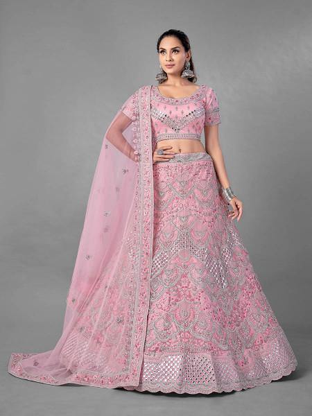 Myra Pink Heavy Embroidered Soft Net Bridal Lehenga For Girls