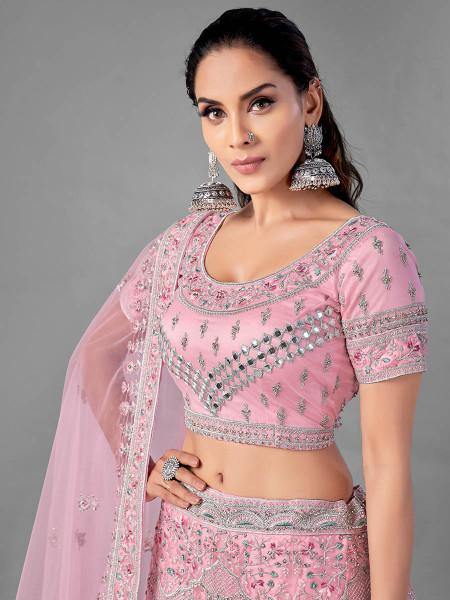 Myra Pink Heavy Embroidered Soft Net Bridal Lehenga For Girls