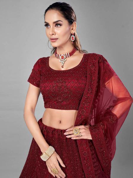 Myra Beautiful Red Heavy Embroidered Soft Net Bridal Lehenga online