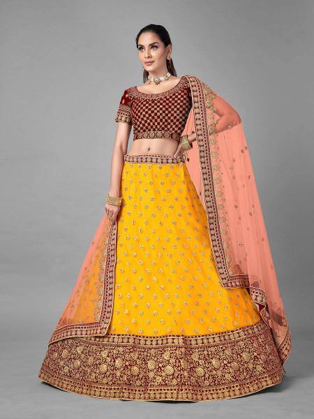 Myra Musturd Heavy Embroidered Soft Net and Velvet Bridal Lehenga