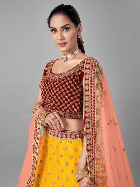Myra Musturd Heavy Embroidered Soft Net and Velvet bridal Lehenga - Distacart