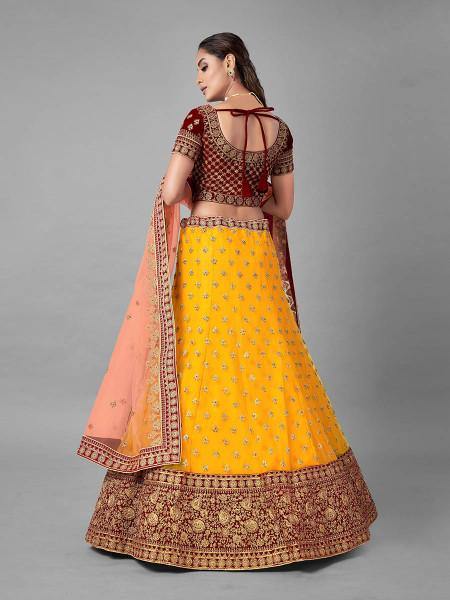 Myra Musturd Heavy Embroidered Soft Net and Velvet Bridal Lehenga online