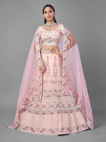 Myra Pink Heavy Embroidered Soft Net bridal Lehenga - Distacart
