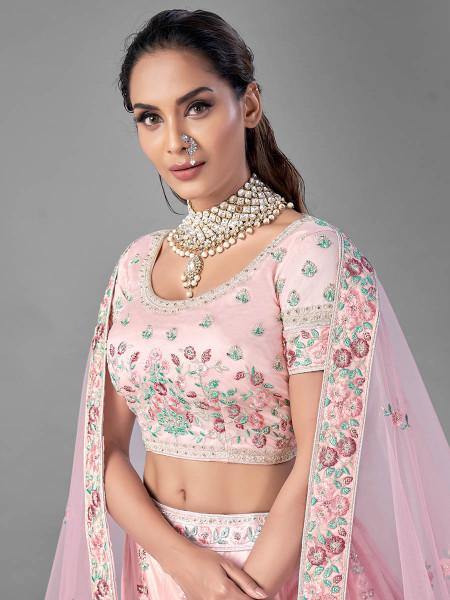 Myra Pink Heavy Embroidered Soft Net bridal Lehenga - Distacart