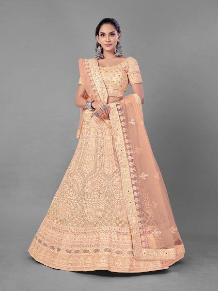 Myra Peach Heavy Embroidered Soft Net bridal Lehenga - Distacart