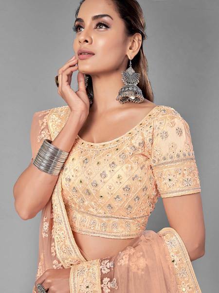 Myra Fashion Peach Heavy Embroidered Soft Net Bridal Lehenga online 