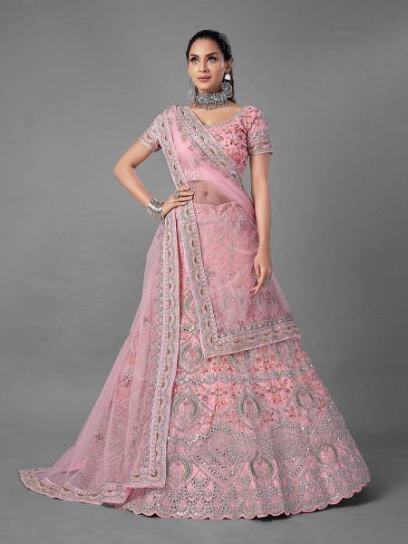 Myra Pink Heavy Embroidered Soft Net bridal Lehenga - Distacart