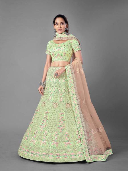 Myra Pista Heavy Embroidered Soft Net bridal Lehenga - Distacart