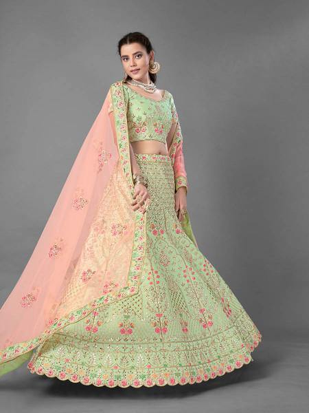 Myra Beautiful Pista Heavy Embroidered Art Silk Bridal Lehenga