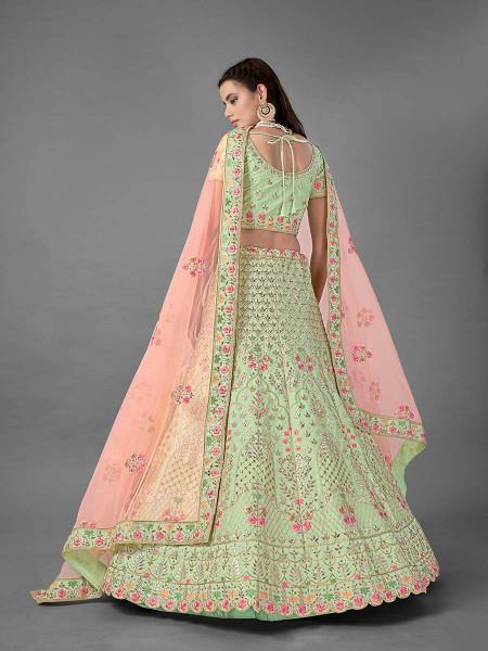 Myra Beautiful Pista Heavy Embroidered Art Silk Bridal Lehenga online