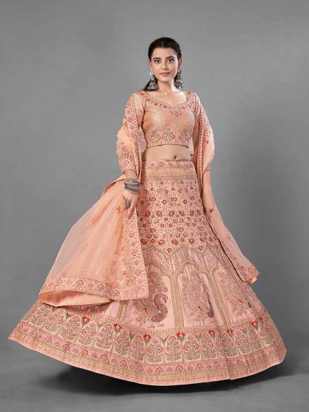 Myra Peach Heavy Embroidered Satin Bridal Lehenga