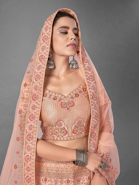 Myra Peach Heavy Embroidered Satin Bridal Lehenga