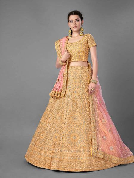 Myra Latest Yellow Heavy Embroidered Art Silk Bridal Lehenga