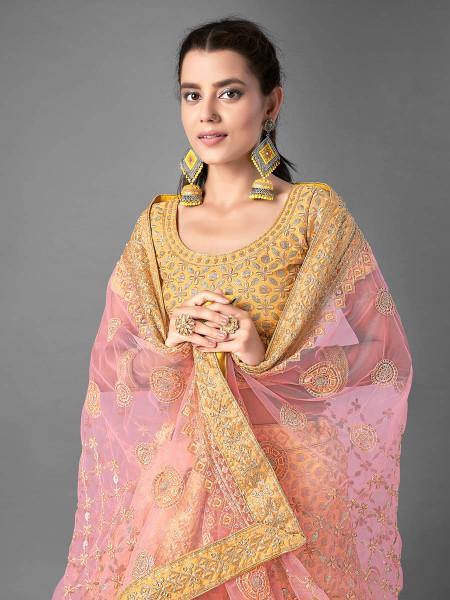 Myra Latest Yellow Heavy Embroidered Art Silk Bridal Lehenga online