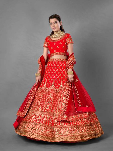 Myra Red Heavy Embroidered Satin Bridal Lehenga