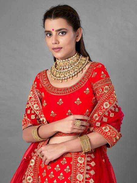 Myra Red Heavy Embroidered Satin Bridal Lehenga