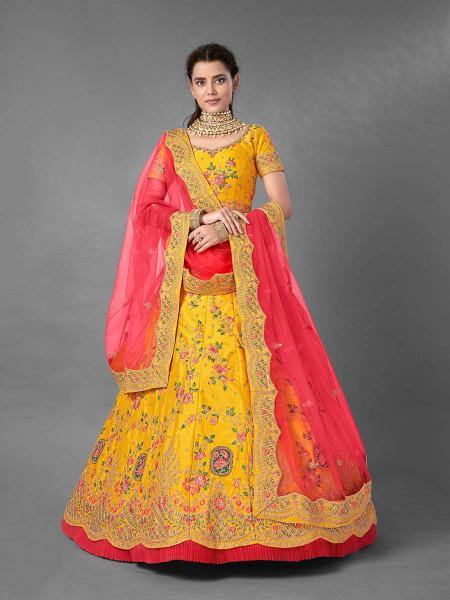 Myra Beautiful Yellow Heavy Embroidered Art Silk Bridal Lehenga
