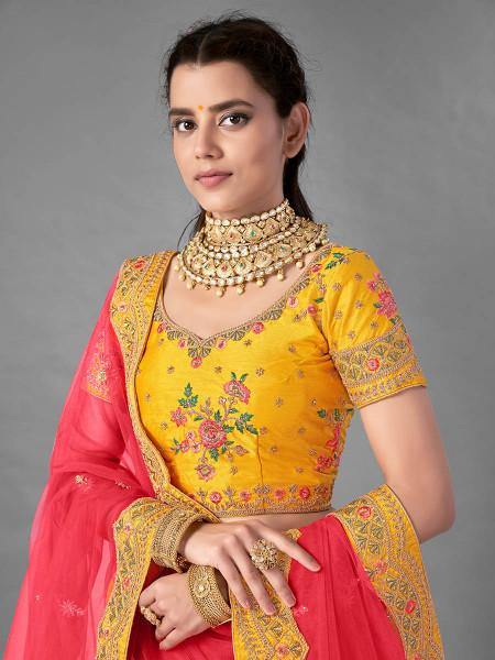 Myra Beautiful Yellow Heavy Embroidered Art Silk Bridal Lehenga online