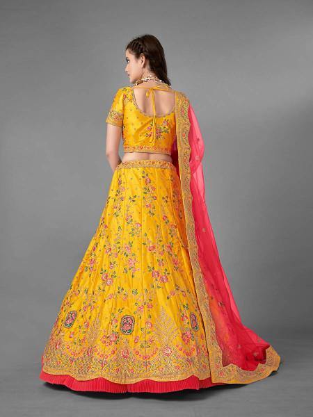 Yellow Heavy Embroidered Art Silk Bridal 