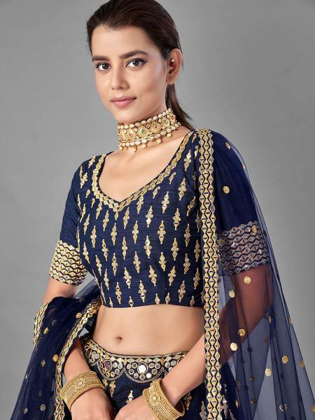 Myra Navy Blue Heavy Embroidered Art Silk bridal Lehenga - Distacart