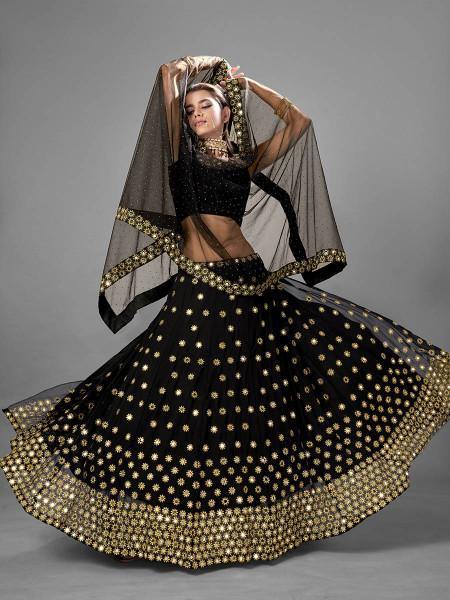 Myra Black Heavy Embroidered Georggette bridal Lehenga - Distacart