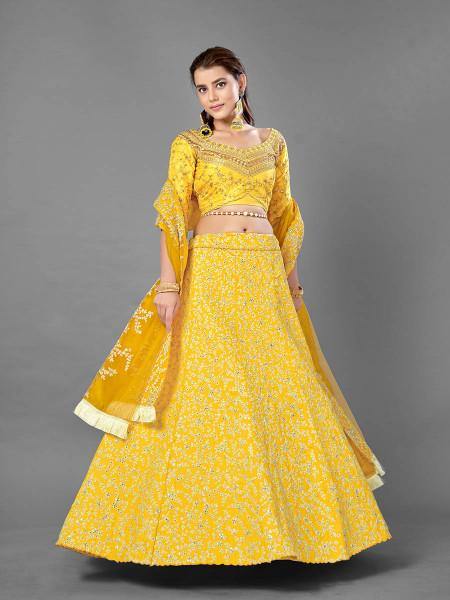 Myra Yellow Heavy Embroidered Art Silk bridal Lehenga - Distacart