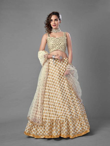 Myra White Heavy Embroidered Viscose Silk bridal Lehenga - Distacart