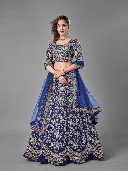 Blue Heavy Embroidered Art Silk Bridal Lehenga